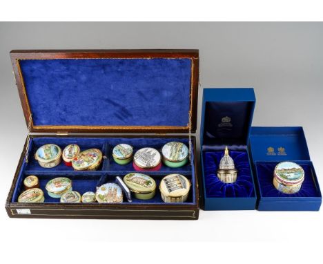 A collection of sixteen Halcyon Days and other modern enamel boxes with an architectural theme, the Halcyon Days examples inc
