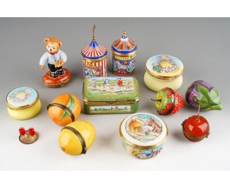 A collection of novelty Staffordshire Enamels, Ashley Enamels and other modern enamel and porcelain boxes and bonbonnieres, i