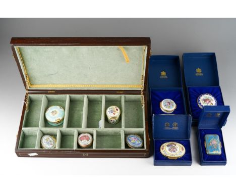 A collection of nine Halcyon Days enamel boxes, all with floral decoration, four boxed (may be incorrect boxes), including  N