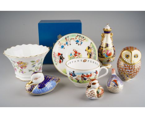 Four Royal Crown Derby paperweights to include: Barn Owl, Wren, Bakewell Ducking and Blue Duck, gold stoppers, factory stamps