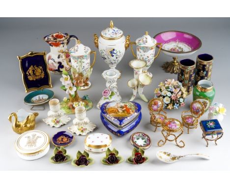 A box of assorted ceramics, including gilt metal and Limoges miniature furniture, Coalport twin handled vase and cover, a pai