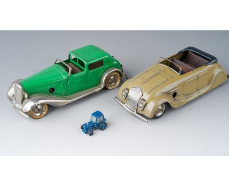 Two Tri-ang Minic cars to include: an early 20th Century tinplate clockwork Vauxhall Tourer in green and chrome/f and a clock