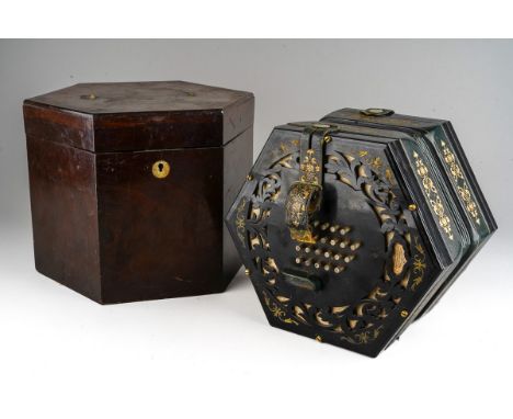 Cased 19th Century George Case Baritone 48 key English system concertina, fretted ebony ends with brass inlays, metal buttons