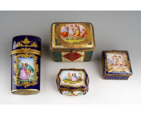 A late 19th century Continental porcelain etui case, blue and gilt ground, the front painted with a scene of a courting coupl