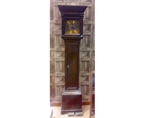 LONGCASE CLOCK OF 17TH CENTURY DESIGNthe moulded hood with blind fretted frieze enclosing a 26 cm square brass dial with Roma