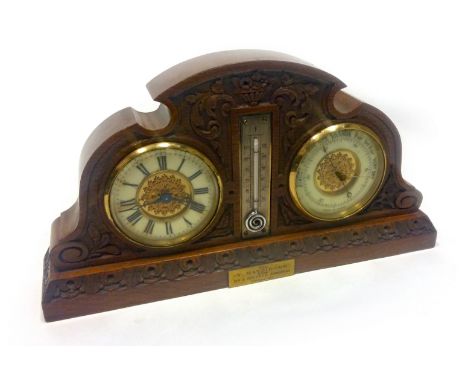 VICTORIAN CLOCK/BAROMETER DESK COMPENDIUMthe white enamel chapter ring with Roman numerals, gilded centre, the weather indica