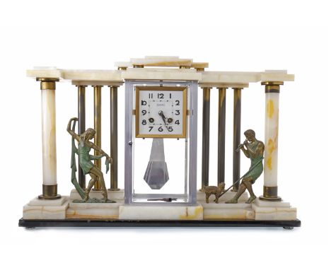 FRENCH ART DECO MANTEL CLOCKthe 2 train 8 day movement unsigned but numbered 26008, the pendulum with fan bob, the square whi