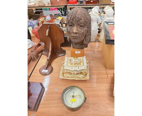Pottery bust, 19th century tureen and a brass barometer (3)