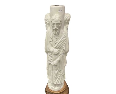 1960s Italian ceramic lamp base, with the three apostles, on turned wooden base, total height approximately 80cm
