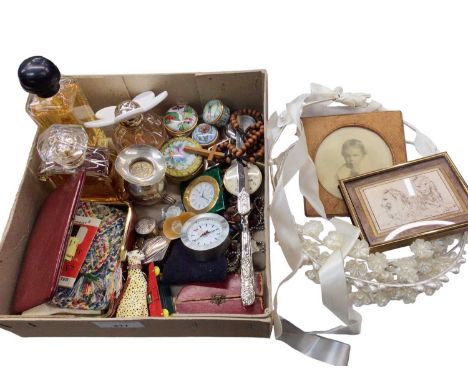 Group of trinket pots, travel clocks, three bottles of perfume, small leather sewing box and accessories, rosary beads, two b