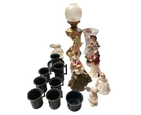 Four Royal Doulton figures, other ornaments, glass, brass lamp and Portmeirion pottery tea/coffee wareDoulton figures are all