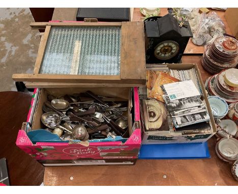 Collection of mixed items to include black slate mantle clock, postcards, cutlery, washboards and sundries.