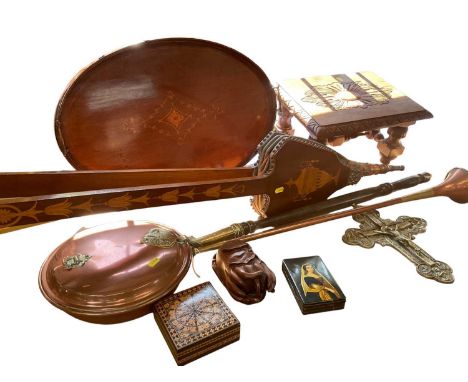 Pair of Edwardian inlaid mahogany bellows, Edwardian inlaid mahogany oval tray, Victorian Tunbridge ware style box, brasss cr