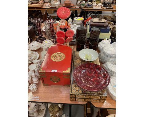 Group of Oriental items, including a red lacquered and brass mounted jewellery box, antique Chinese famille rose bowl, backga