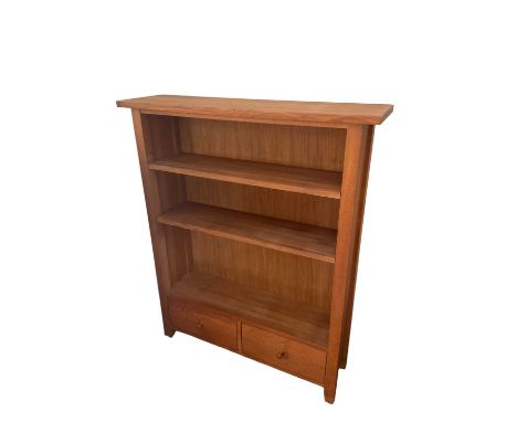 Light oak bookcase with adjustable shelves and two drawers below, 100cm wide, 27cm deep, 120cm high