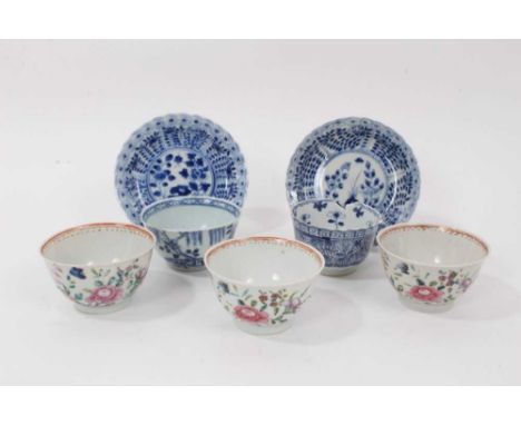 Two Chinese blue and white saucers, Kangxi, and various 18th century Chinese tea bowls (7 items in total)One famille rose tea
