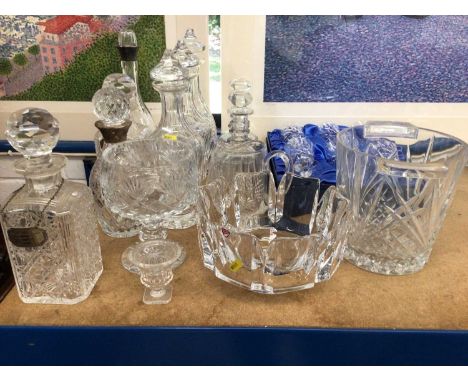 Group of glassware, including an Orrefors fruit bowl, silver mounted decanter, Stuart crystal, pair of three-ring decanters, 