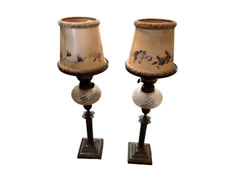 Pair of peg lamps, ceramics, brass relief, tea caddy, brass tray, other items