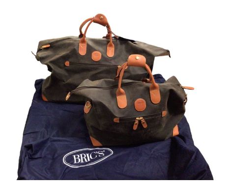 Two Bric's carry-on holdall bags in dust bags, various other bags, Mulberry brown suede cushion, other cushions, blankets, th