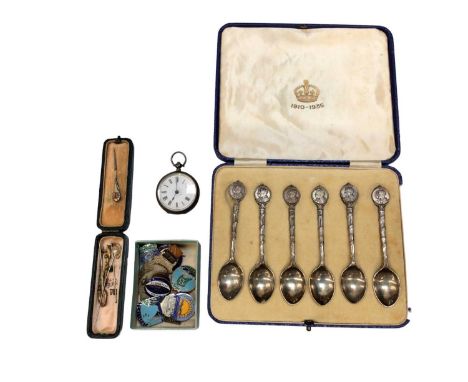 Cased set of six commemorative George V silver teaspoons, together with a silver pocket watch, a group of tie pins, and a gro
