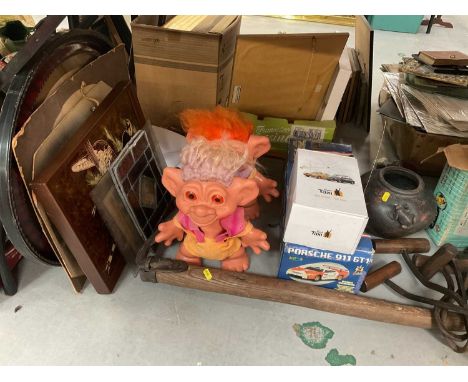 Group of mixed items to include motorcycle windscreen, Spelter Marley horses, stained glass panels and other items.