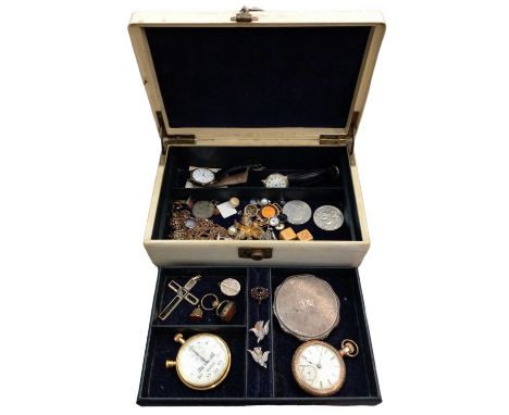 Jewellery box containing two antique seal fobs, fold out locket, silver cross pendant, silver powder compact, American Elgin 