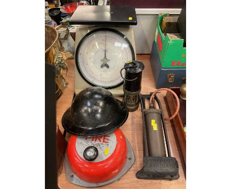Dunlop standard foot pump, together with a miners lamp, scales, tin helmet, vintage fire alarm