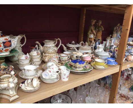 Large quantity of 18th/19th century ceramics, including two Derby teapots, Coalport teapot, Ridgway teapot, Coalport scent bo