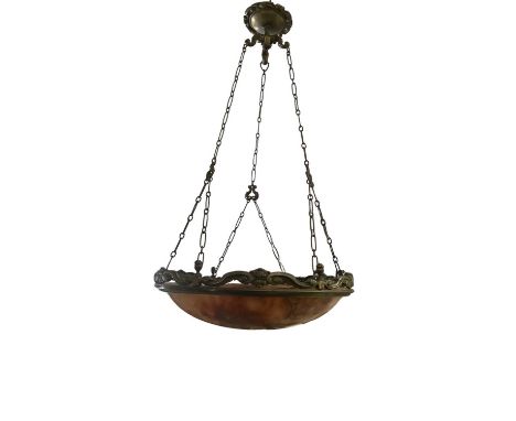 Art Deco French ceiling light, the alabaster bowl and pierced brass mount and fittings with chains and rose.