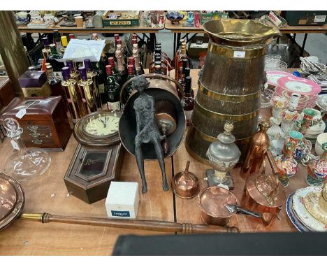 Brass mounted oak stick stand in the form of a milk churn, copper warming pan, copper kettle and sundry items.