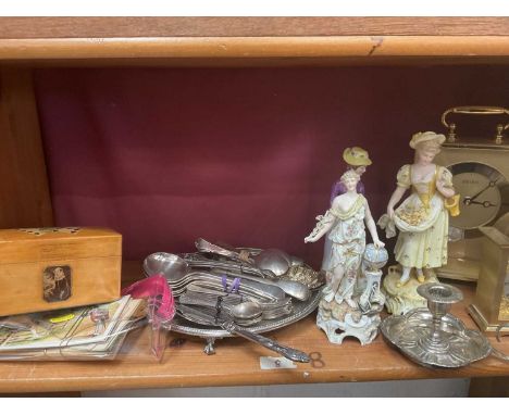 Silver plate, card box, clocks, figurines, Victorian Mauchline ware playing card box etc