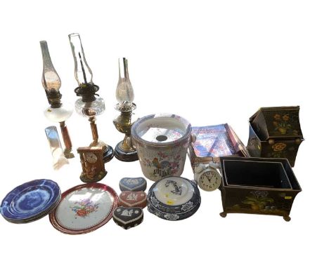 Three Edwardian oil lamps, early 20th century Educational magazines, tôle ware style planters, Victorian flo-blue pottery pla