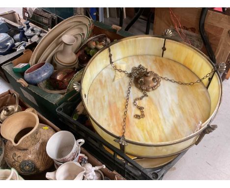 Four boxes of assorted China to include dinnerware, a marbled glass, ceiling, light and other items (4)