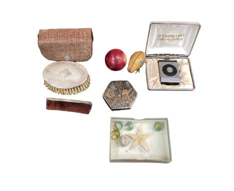 Silver backed brush and comb, oriental hexagonal box, marbles and sundry items