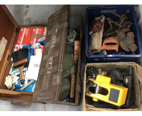 Quantity of old tools, Chubb locks in packets, accessories, ammunition case etc