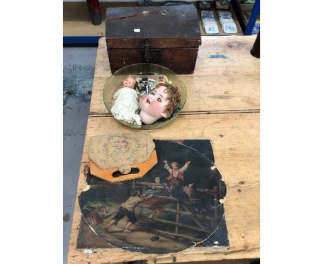 Late 18th / early 19th century oak travelling trunk, together with antique Armand Marseilles doll, other vintage toys, glass 