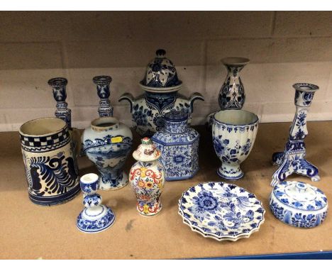 Group of antique and later delftware, including vases and candlesticks