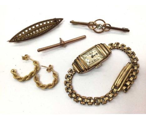 Victorian 15ct gold and seed pearl brooch, 9ct gold bar brooch, 9ct gold T-bar, pair of yellow metal rope twist half hoop ear
