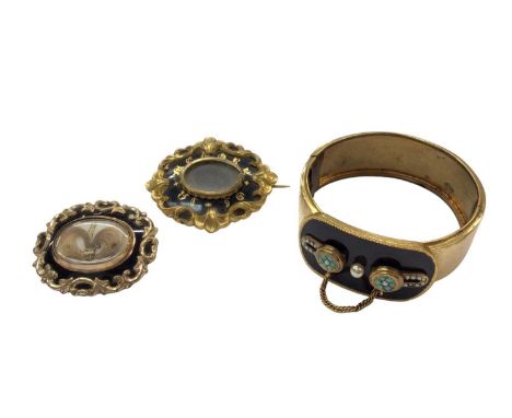 Victorian gilt metal and black enamel bangle set with seed pearls and turquoise cabochons, together with two Victorian mourni