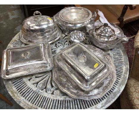 Group of silver plated item, lidded tureens etc (protected with cling film)