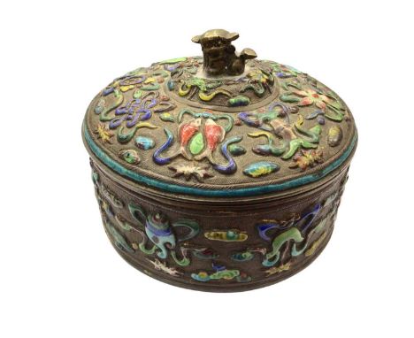 Chinese circular enamelled pot and cover with fish, flower and scroll decoration, 13.5cm diameter 