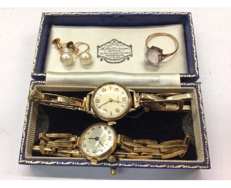 Two 9ct gold cased wristwatches on 9ct gold bracelets, 9ct gold cocktail ring and a pair of 9ct gold screw back pearl earring