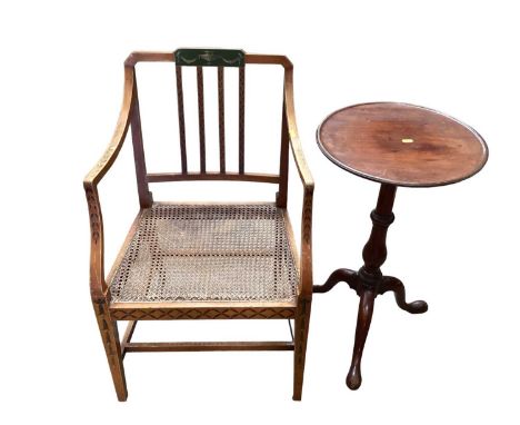 Georgian mahogany wine table with circular top on turned column and tripod base, together with a satin wood elbow chair with 