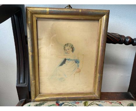 19th century watercolour portrait of a young girl playing her Harp, together with a pair of stained glass panels and a Japane