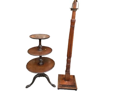 Georgian-style mahogany three tiered wine table and a mahogany standard lamp of column form (2)