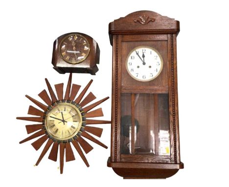 Anstey Wilson wooden starburst wall clock, Smiths mantle clock and a regulator wall clock (3)