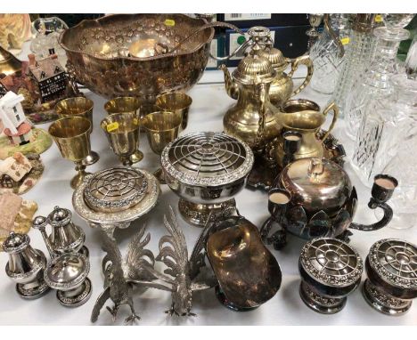 Large silver plated punch bowl, cups and ladle set, together with other plated ware, metal and two gilt framed wall mirrors