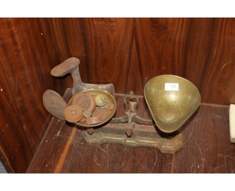 A SET OF VINTAGE SCALES, WEIGHTS ETC