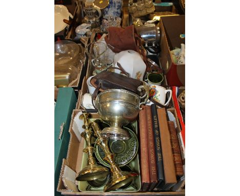 TWO TRAYS OF SUNDRIES TO INCLUDE SILVER PLATED TROPHY, GLASS LIGHT SHDE ETC