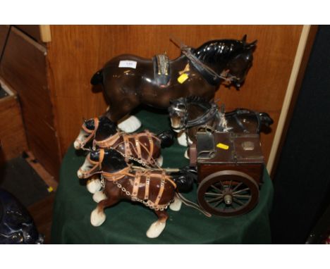 FOUR CERAMIC SHIRE HORSE FIGURES ETC.